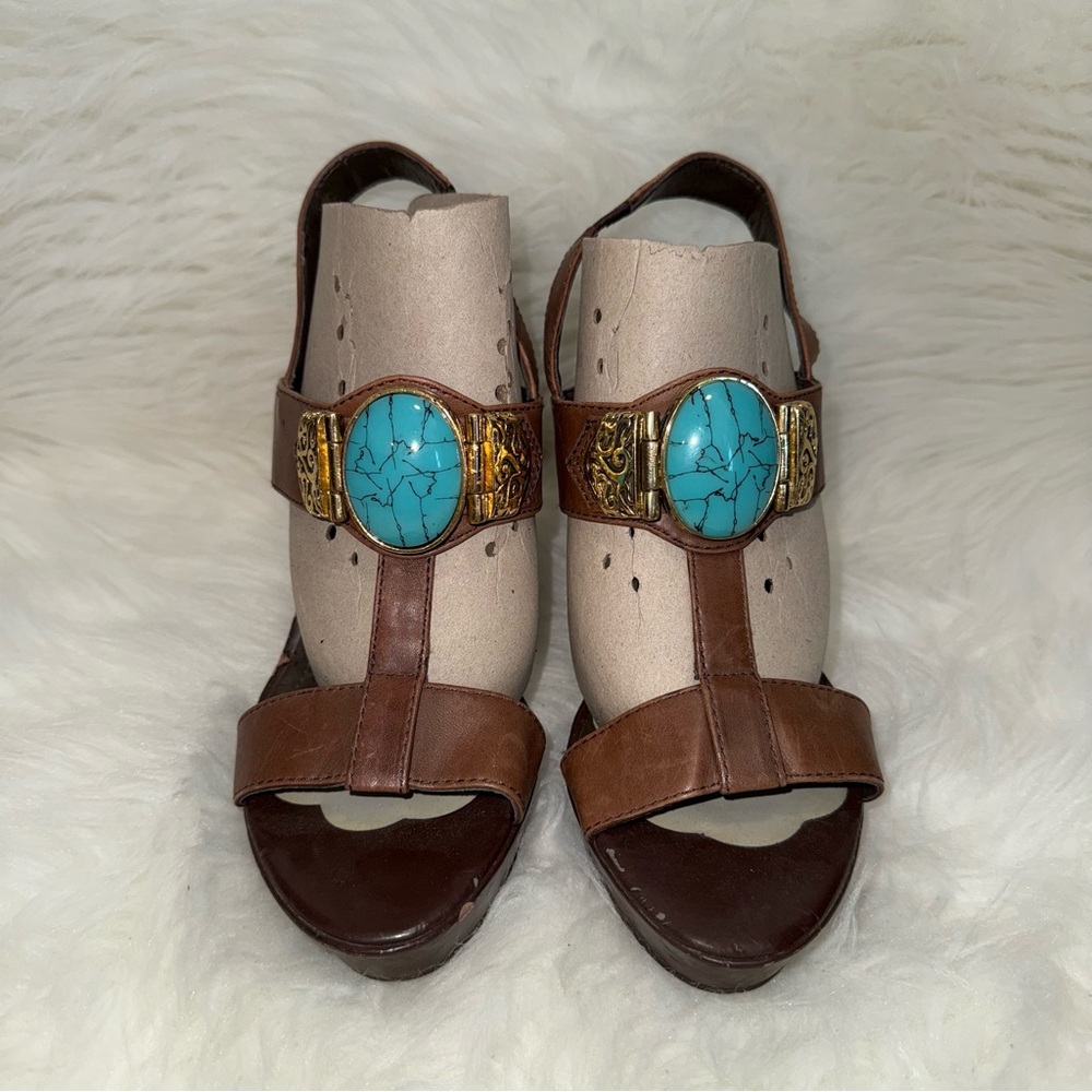 BCBGeneration Brown Sandals with Turquoise and Gold Accents